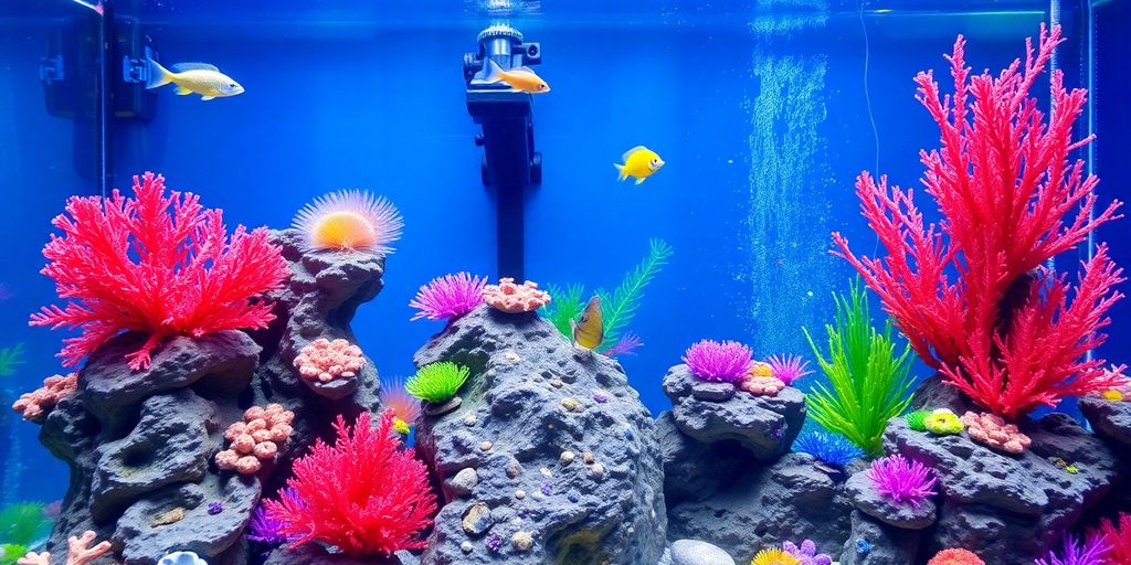 Decoraciones coloridas de acuario con coral y plantas.
