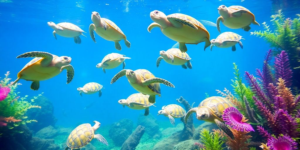 Colorful turtles swimming in a clear aquarium environment.