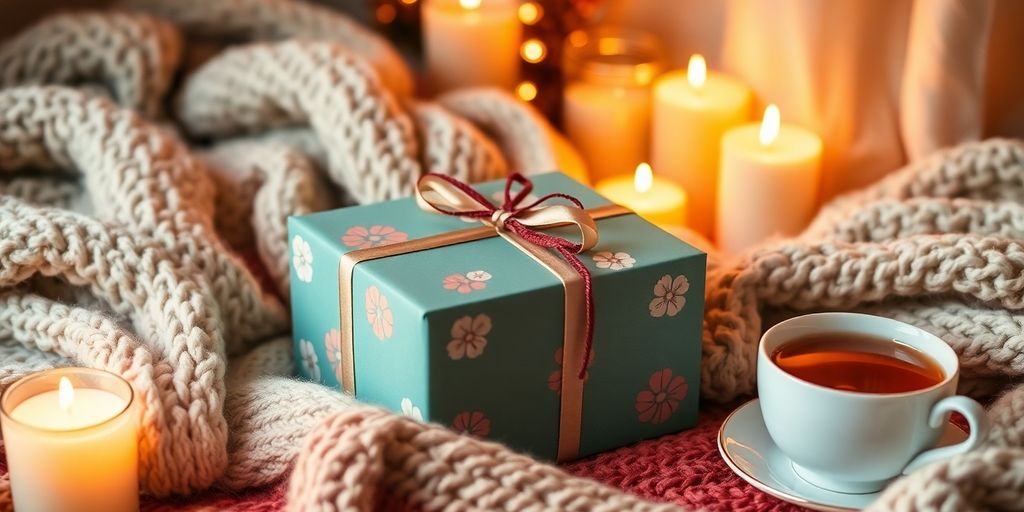 Cozy gift box with blankets and candles.