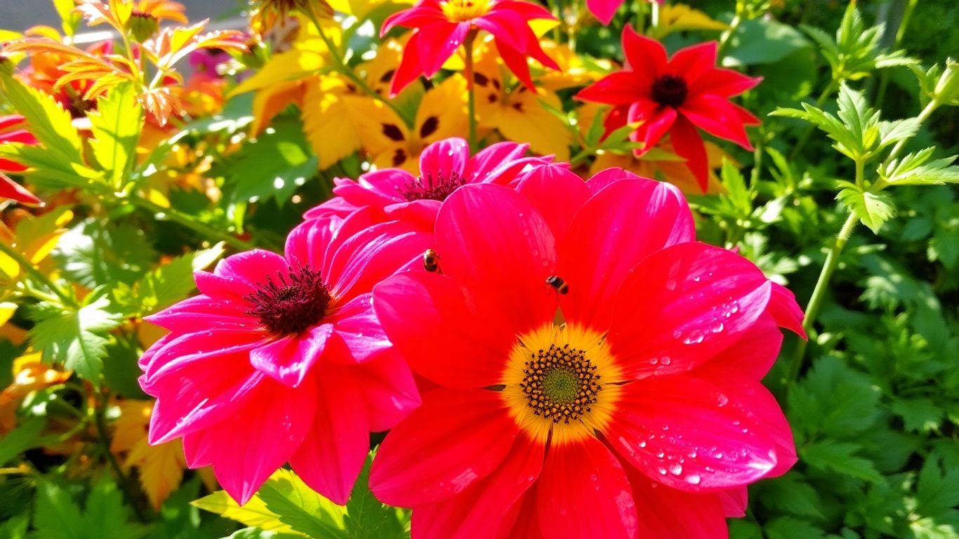 Garten mit bunten Blättern und kleinen Insekten
