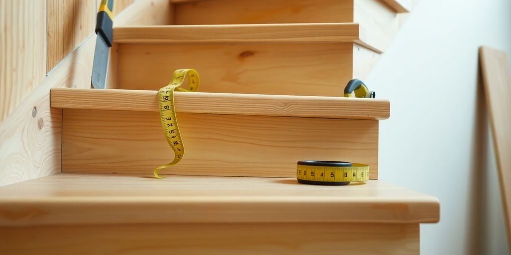 Wooden staircase steps with tools for construction.