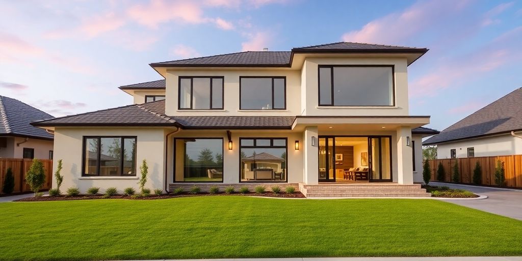 Modern house exterior with clean lines and large windows.