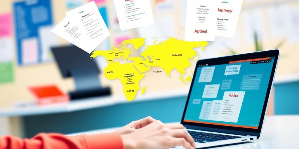 Person using laptop with multilingual documents in modern workspace.