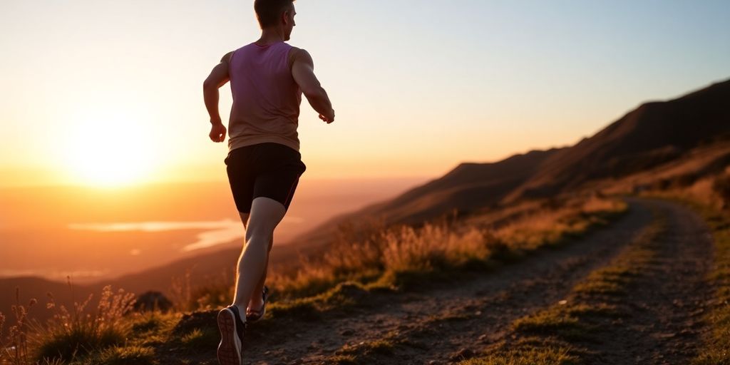 Runner training at marathon pace on a scenic trail.