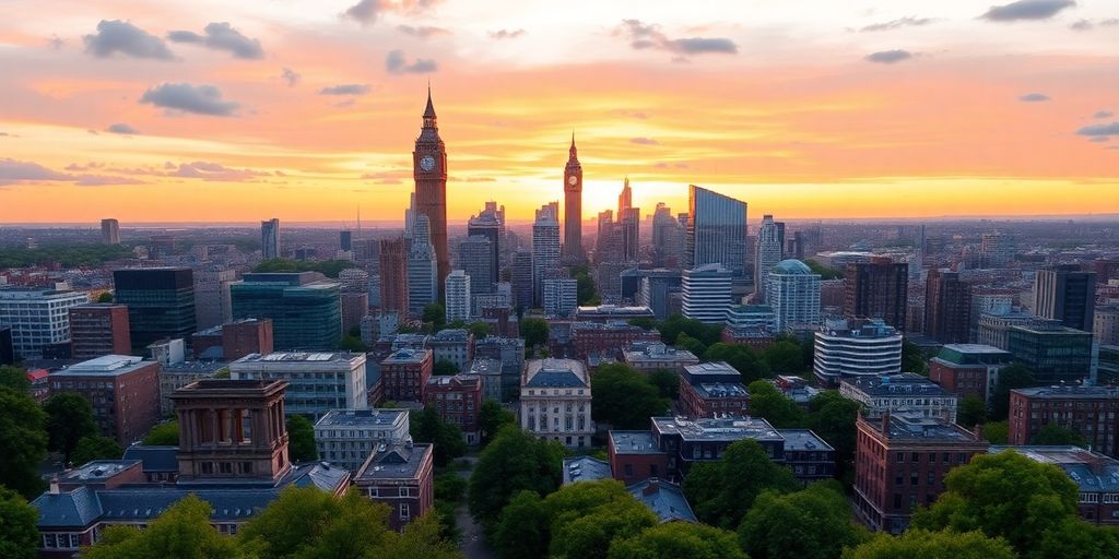 Vibrant UK city skyline at sunset with diverse architecture.