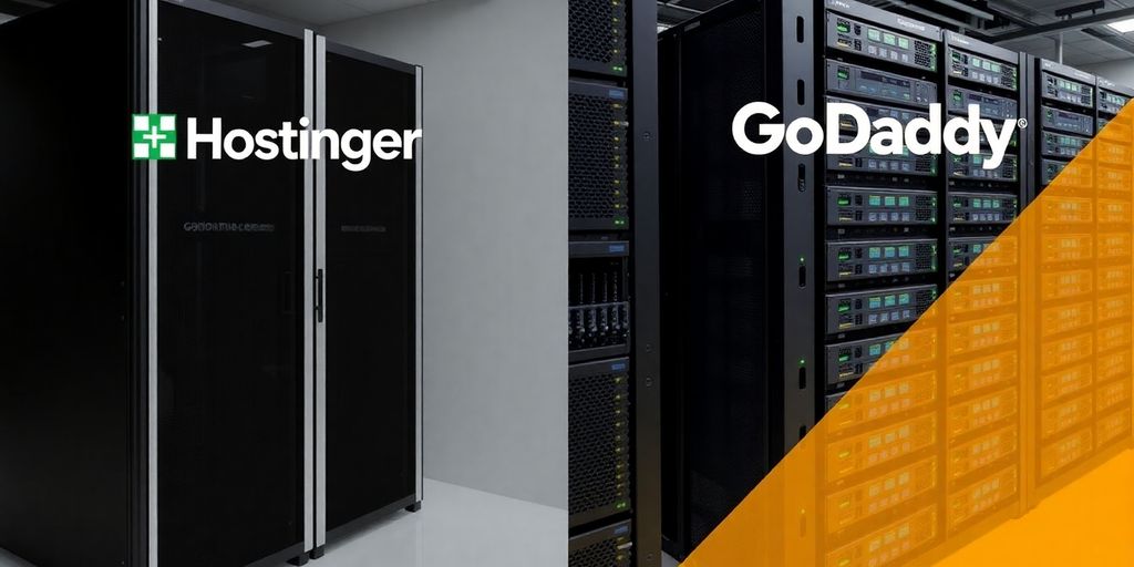Hostinger server rack next to GoDaddy server rack.