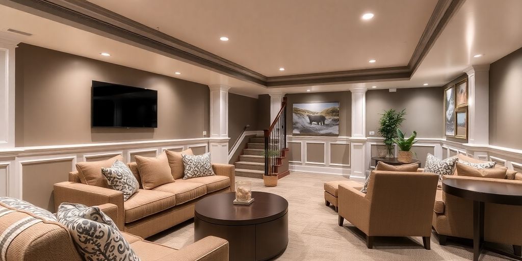 Luxurious basement renovation with modern decor and lighting.