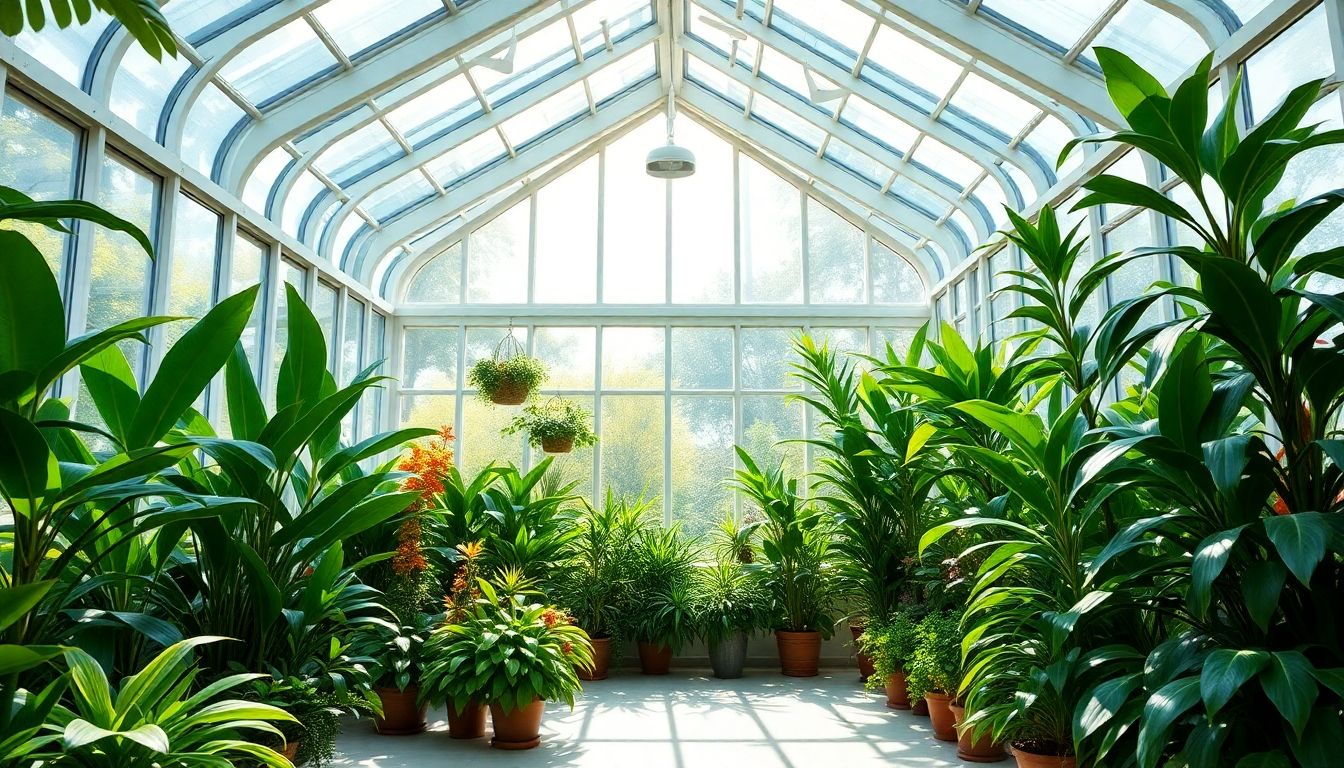 Bright conservatory with plants and large glass windows.