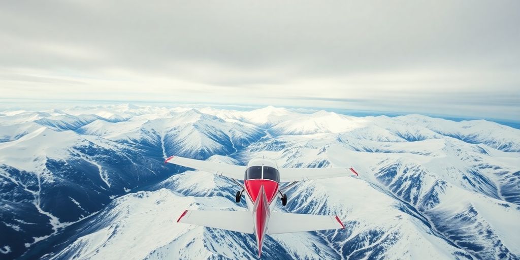 A small plane flies over snow-covered Alaskan mountains.