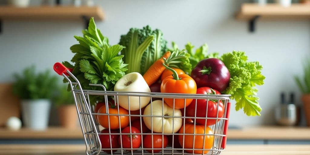 Bunter Einkaufswagen mit frischen Lebensmitteln im Hintergrund.
