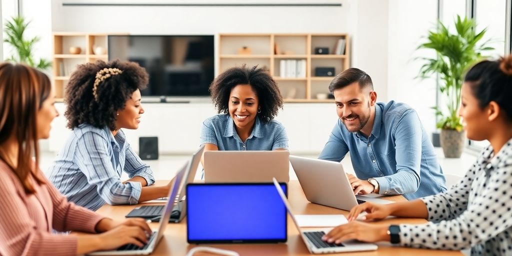 Diverse team working together remotely with laptops.
