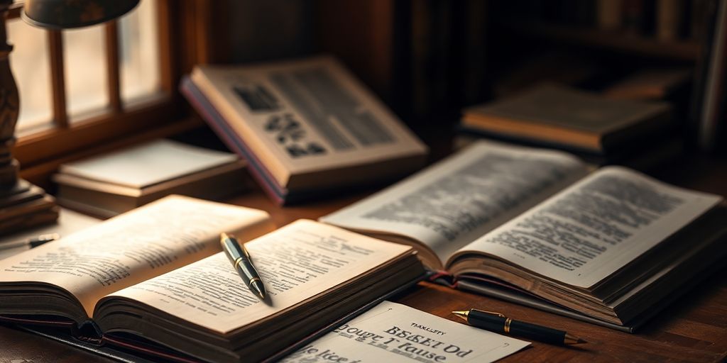 Espacio de trabajo de un traductor con libros y notas.