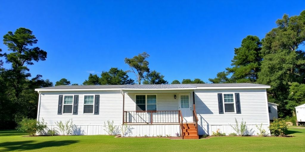Serene mobile home in Alabama landscape with greenery.