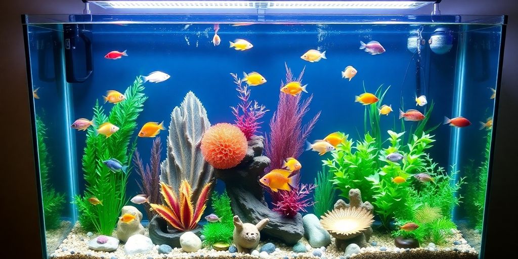 亚克力水族箱，内有色彩斑斓的鱼和水生植物。