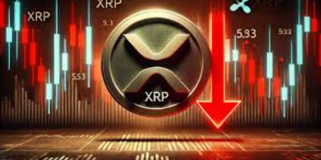 XRP cryptocurrency logo with downward trends and market data visuals.