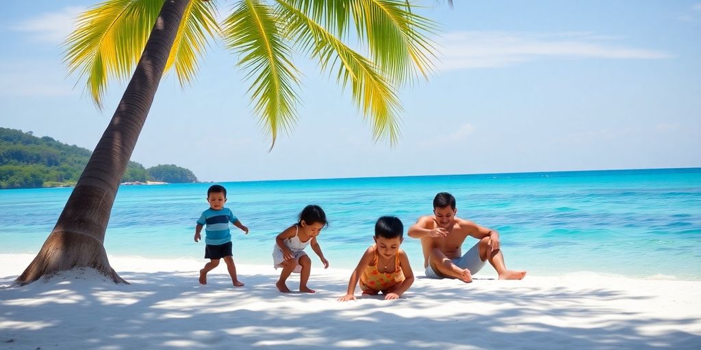 Family enjoying Phuket's beach with children playing.