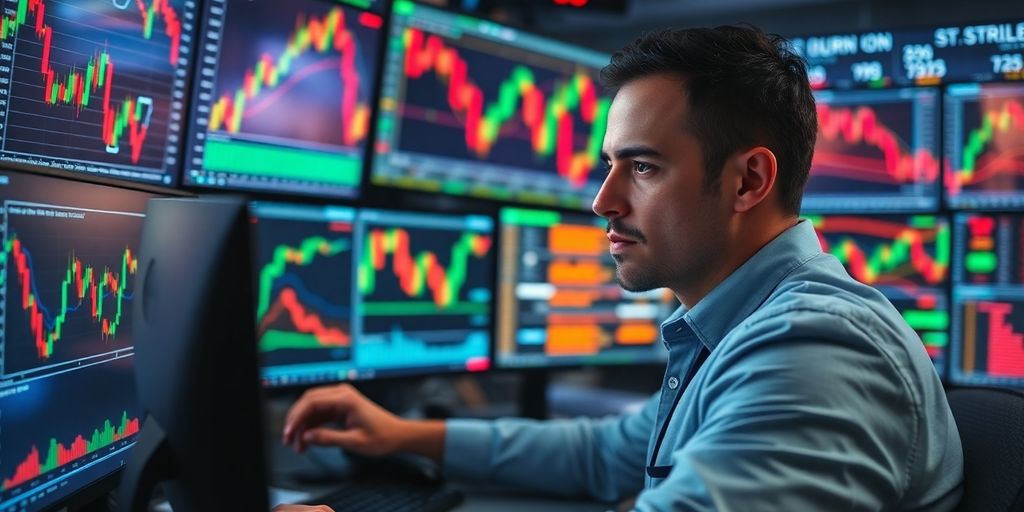 Trader focused on multiple screens displaying market activity.