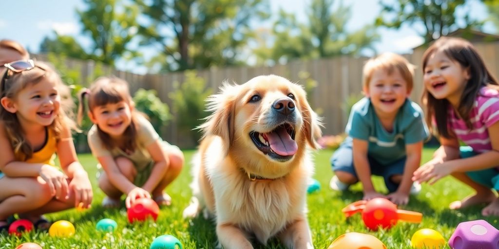 Family playing with a Golden Retriever in a sunny backyard.