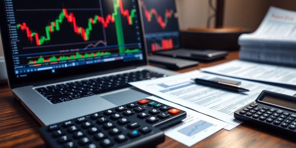 Trading desk with laptop and financial documents.