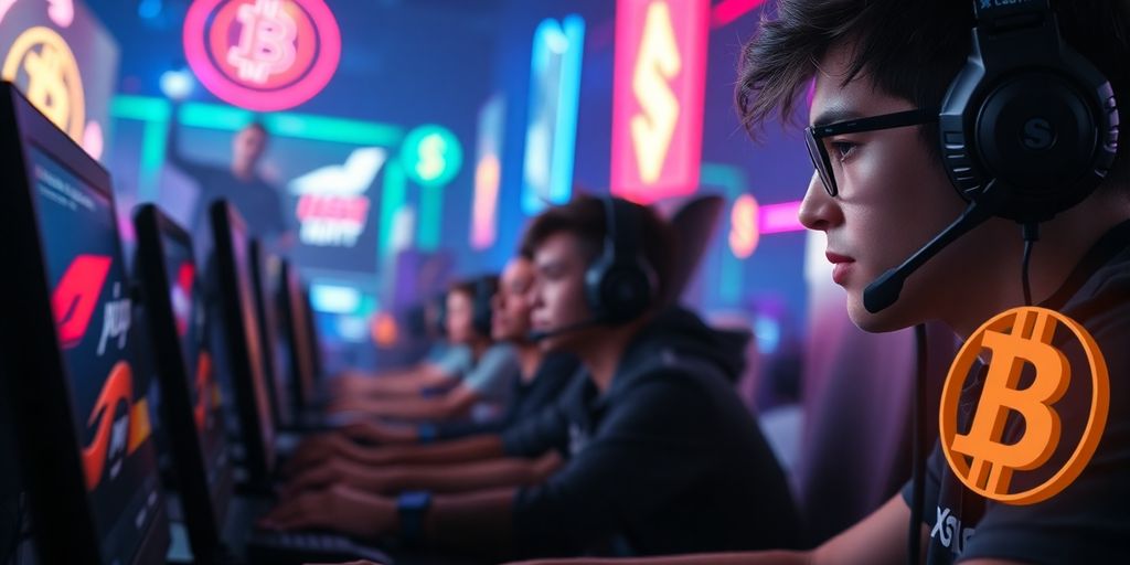Gamers competing in esports with cryptocurrency elements in background.