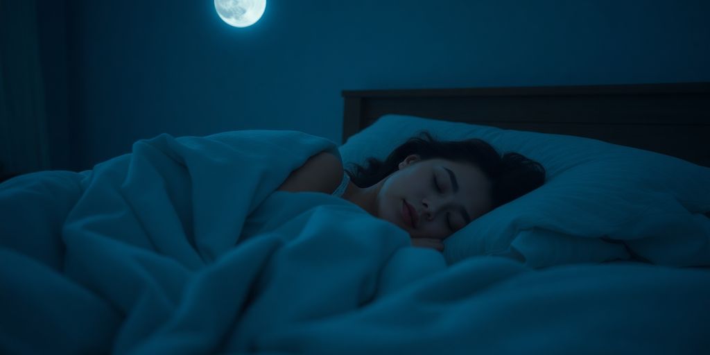 Person sleeping peacefully in a dimly lit, cozy bedroom.