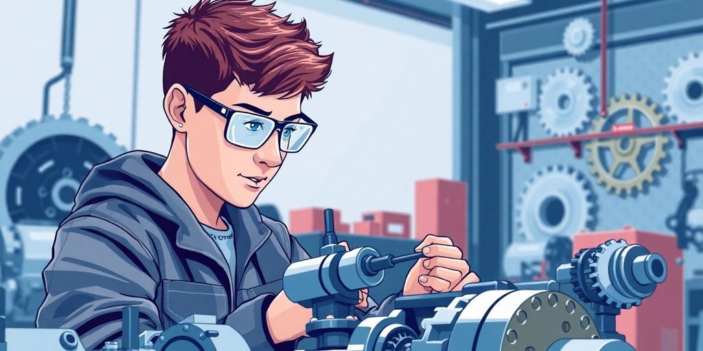 Mechanical engineer student in a workshop, gears in background.