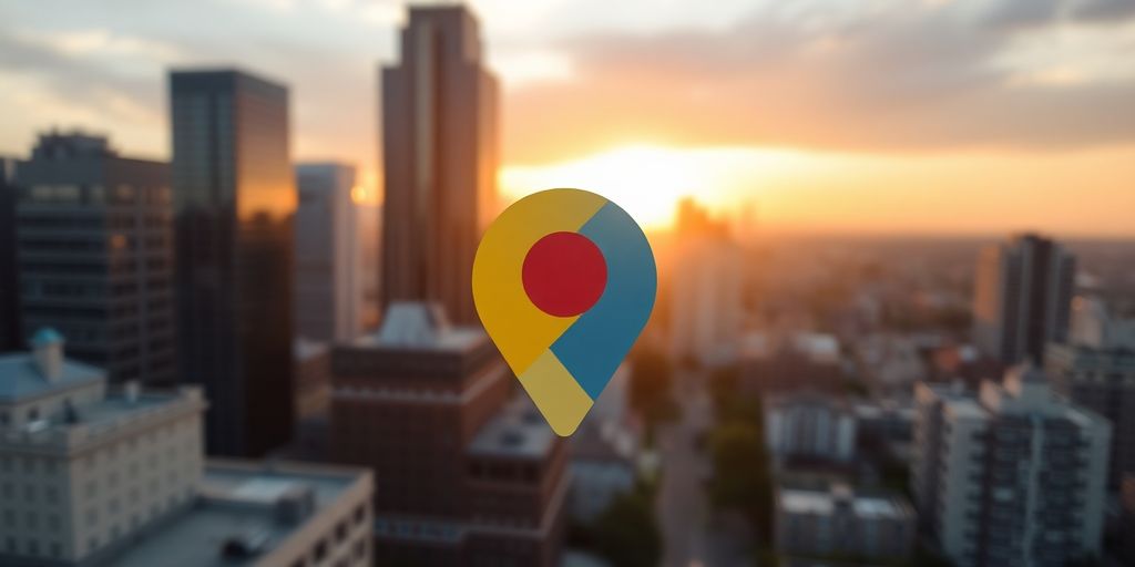 Google Maps pin on a blurred cityscape background.