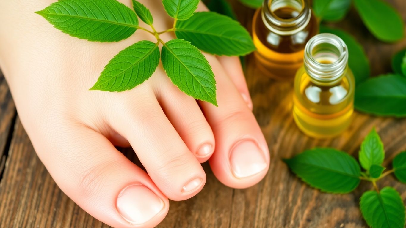Healthy toenails with natural oil and leaves nearby.