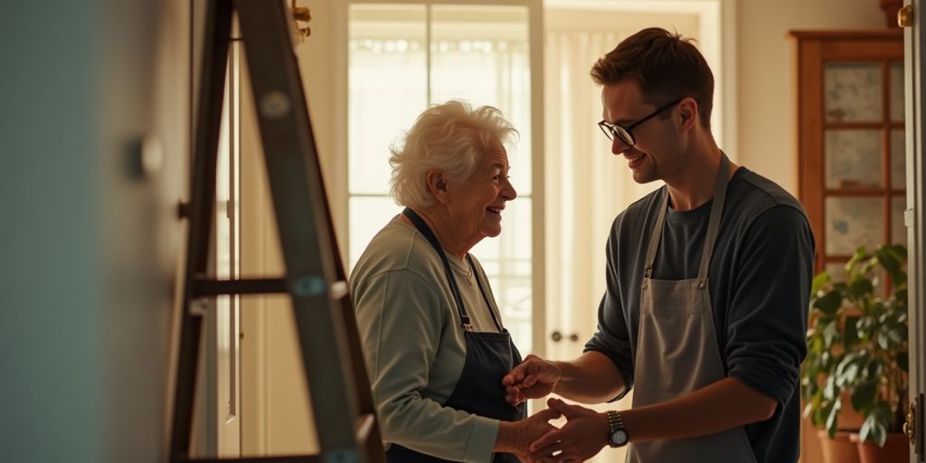 Volunteer helping senior with home repairs.