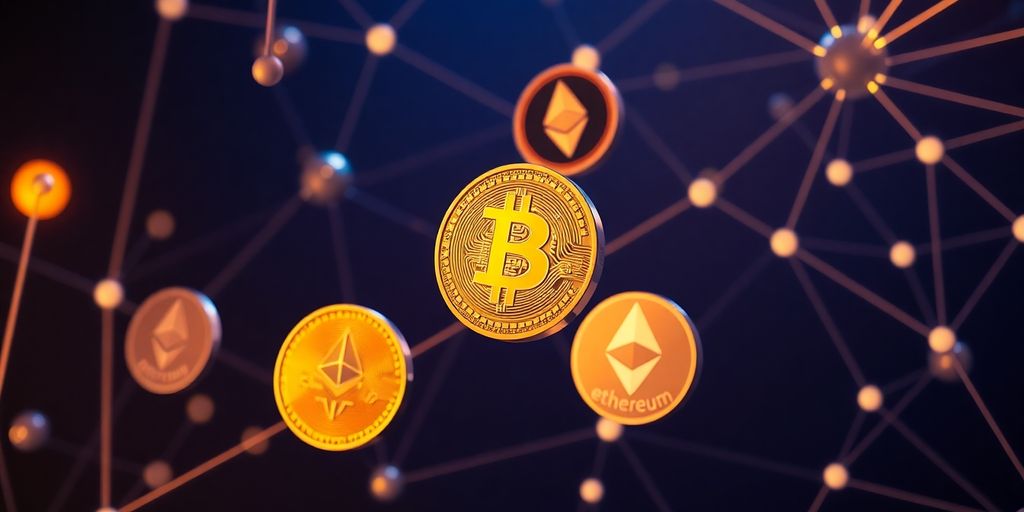 Digital coins floating in abstract network.