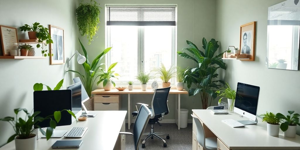 Small office space with plants and efficient furniture.