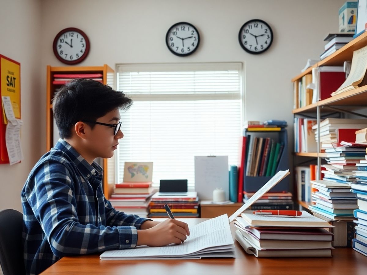 Student studying for the SAT in a bright room.