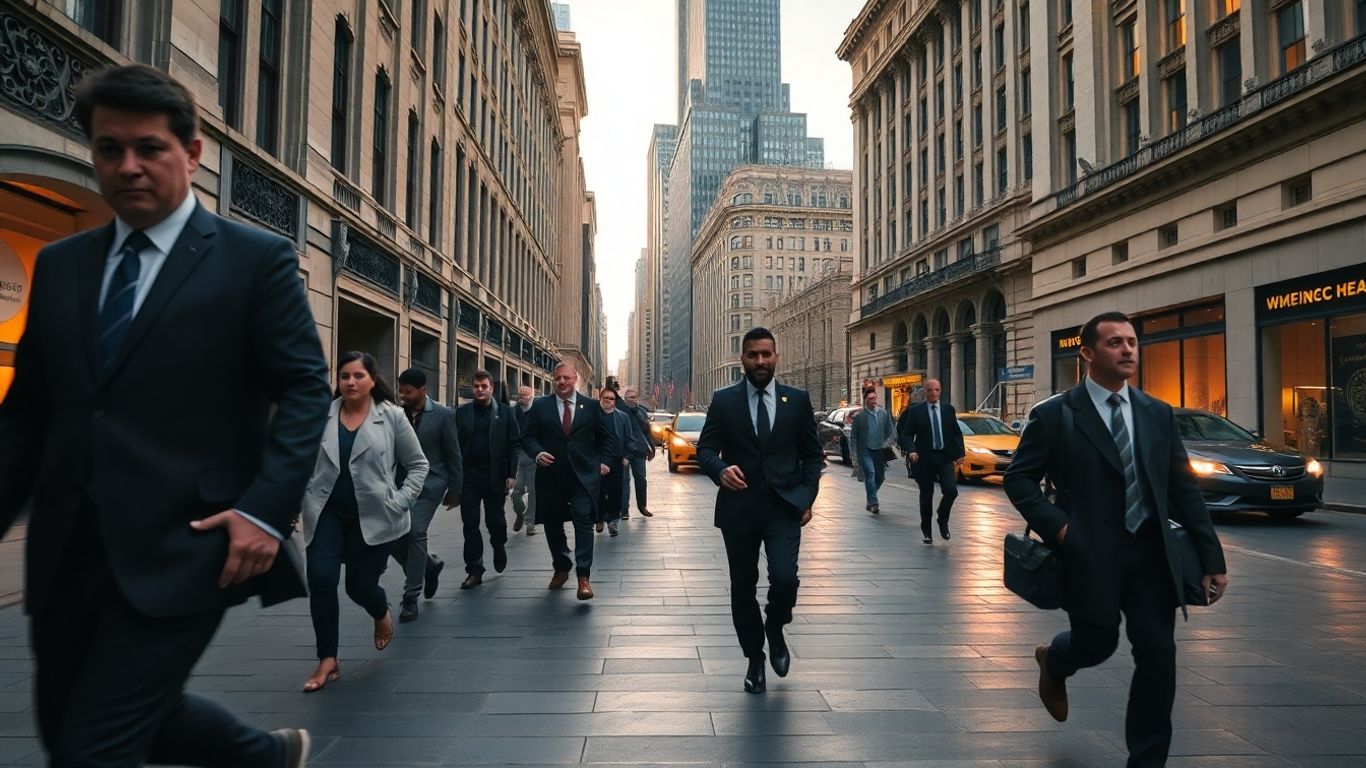 Businesspeople in financial district at dusk.