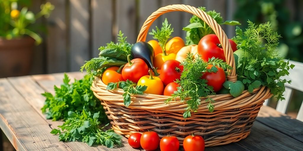 Gardener's harvest basket with fresh vegetables and herbs.