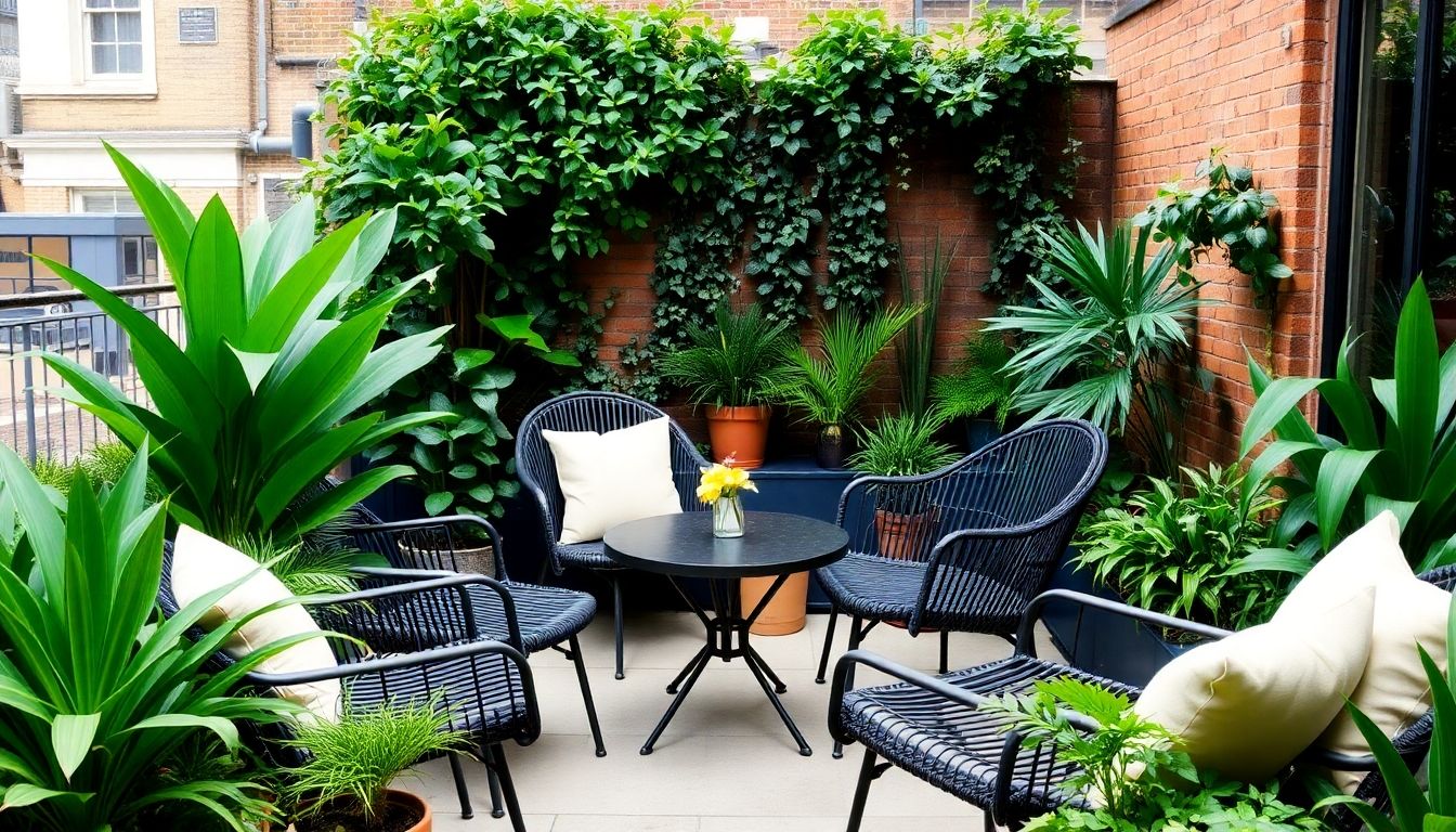Cozy garden seating area in a small urban space.