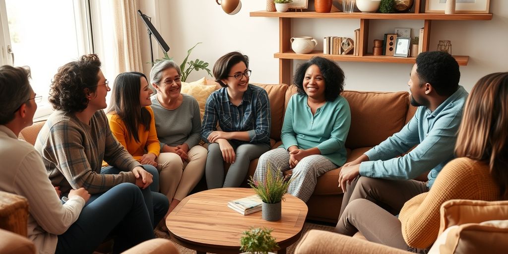 Diverse group in cozy living room talking.