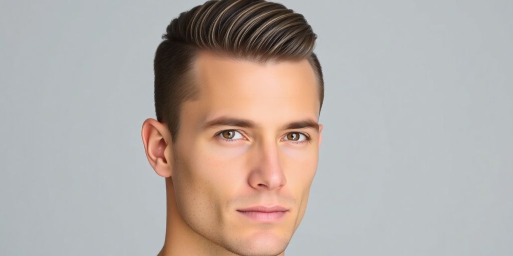 Man with slicked hair, natural light, neutral background.