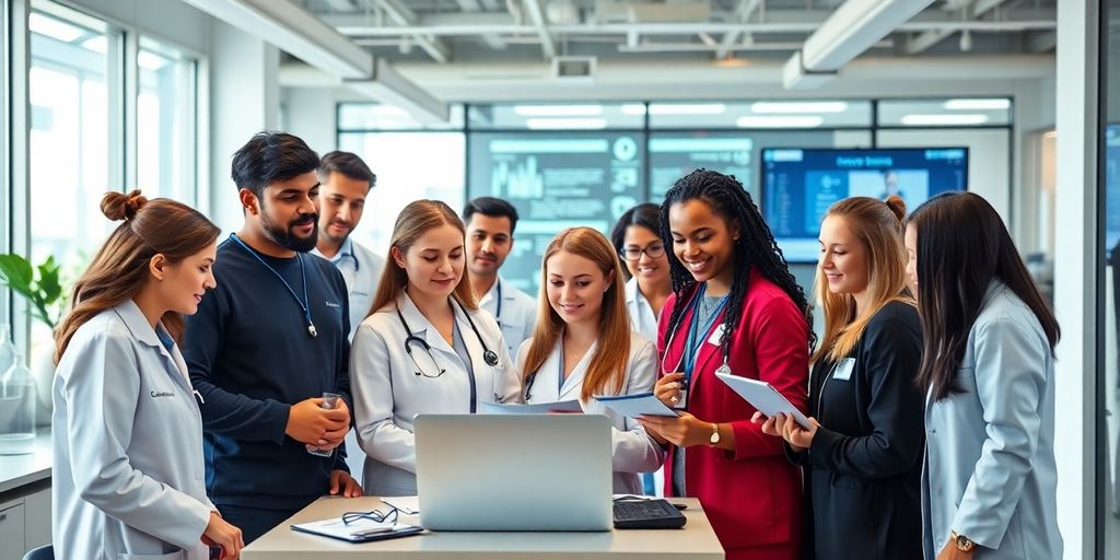 Healthcare team discussing compliance in a modern office setting.
