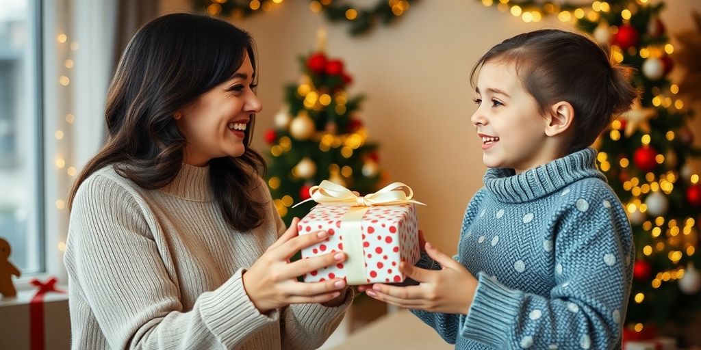 Mom and child exchanging a Christmas gift together.