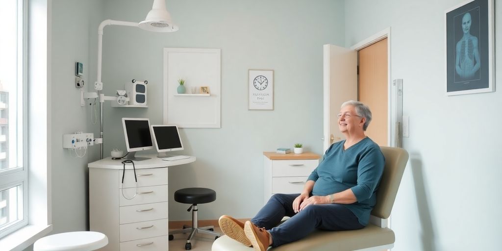 A doctor’s office with a patient in an exam room.