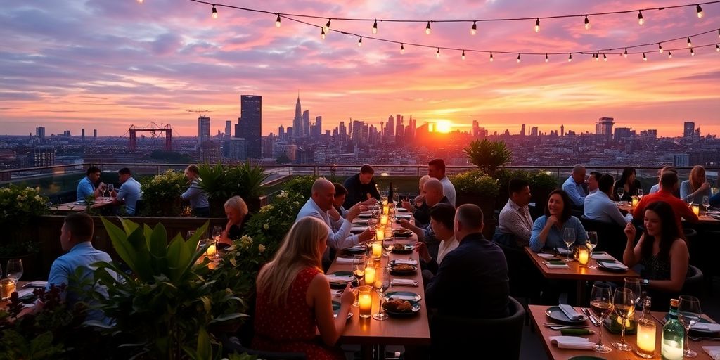 Rooftop restaurant in London with city skyline view.