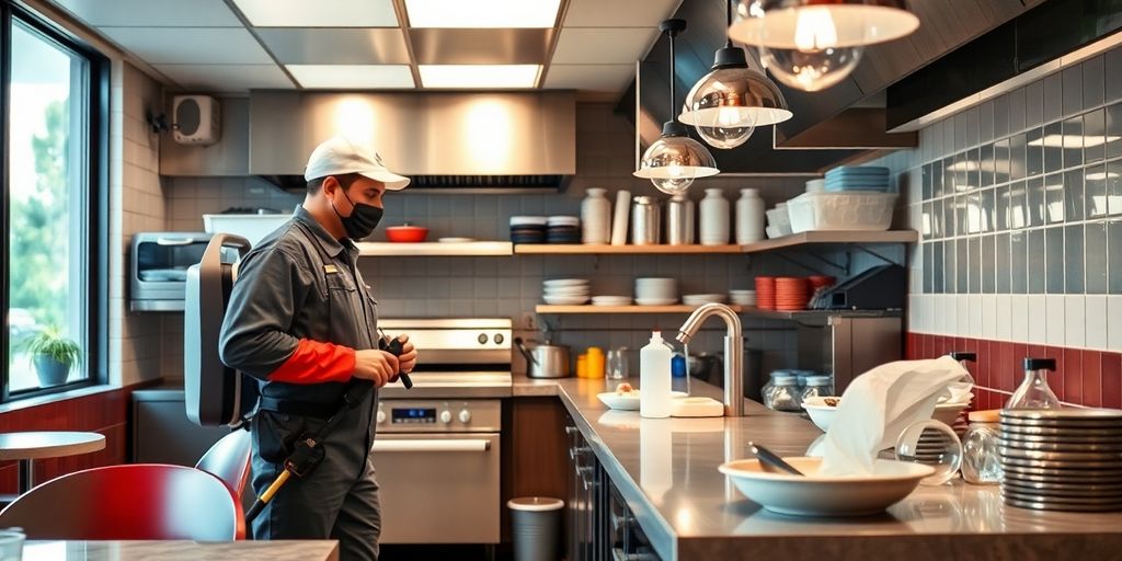 Bucătărie curată fără dăunători, echipamente de dezinsecție.