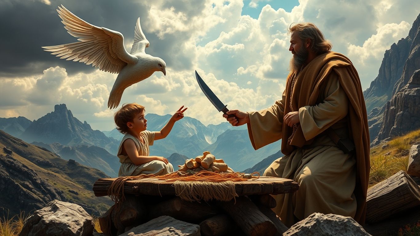 Abraham con cuchillo sobre Isaac, ángel interviniendo