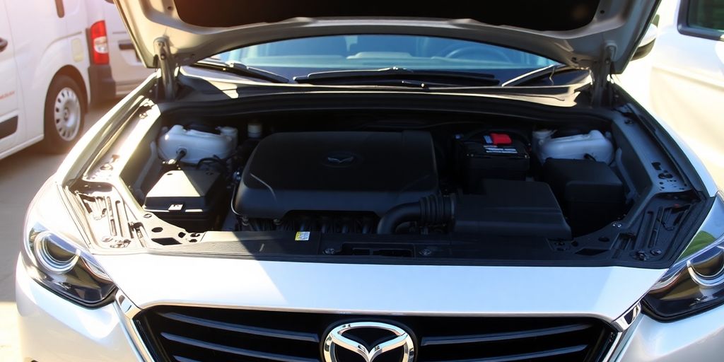 Mazda vehicle with an open hood.