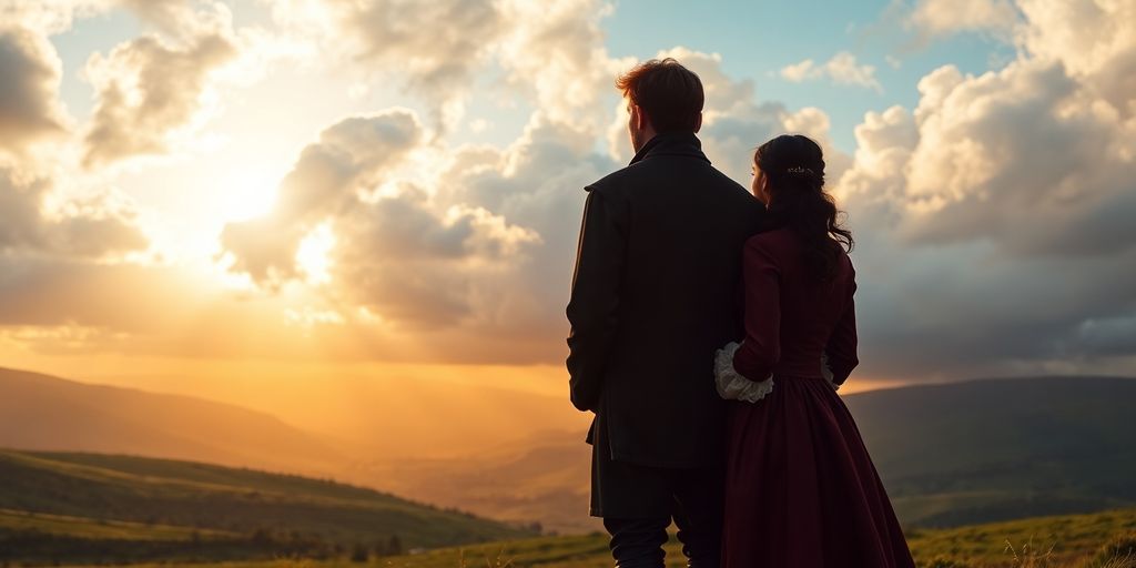 Jamie and Claire in Scottish highlands.