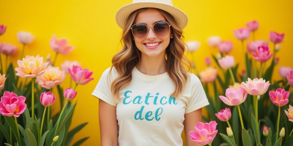 Person in funny t-shirt with blooming flowers around.