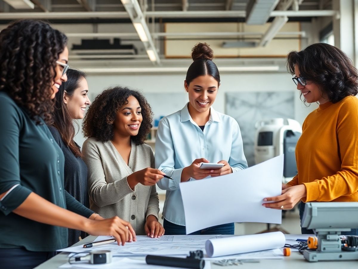 Diverse women engineers collaborating in a bright workspace.