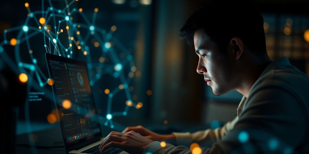 Homem sorrindo, programando em um laptop com código brilhante.