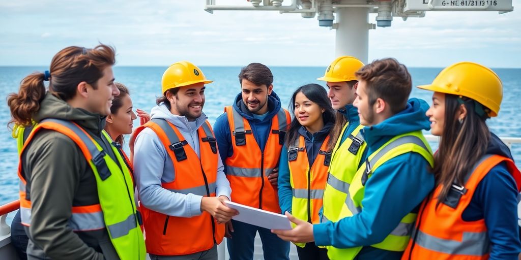 Diverse young professionals working together on a ship.