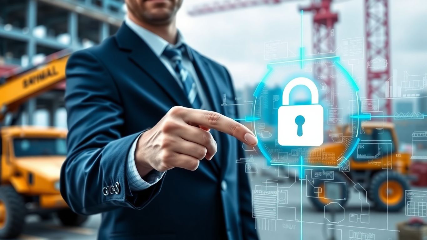 Cybersecurity expert securing construction blueprint with digital lock.